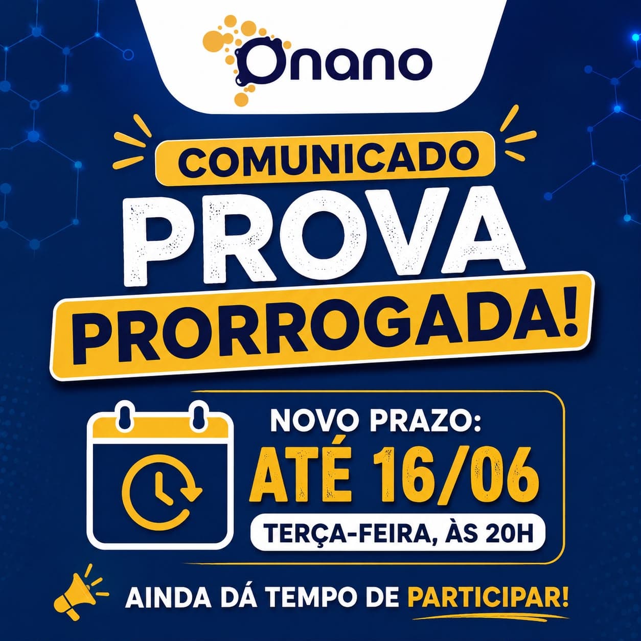 Comunicado Onano — prova prorrogada até 16/06